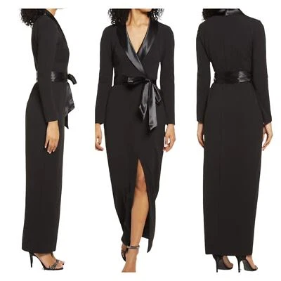 Vestido Esmoquin Eliza J Nuevo con Etiquetas Manga Larga Negro Talla 10 Solapa Satinada y Cinturón Cuello en V Foto 1 de 4