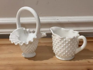 Vintage Fenton Hobnail Studded White Star Creamer & Milk Glass Handled Basket - Picture 1 of 8