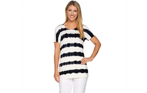Prenda superior de punto negra de manga corta a rayas de manga corta Lisa Rinna XL A292285 J - Imagen 1 de 5