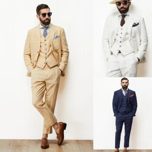 Linen Men's Suits 3 Pieces Leisure Peak Lapel Summer Wedding Tailored Tuxedos - Picture 1 of 21