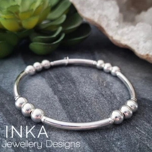 925 Sterling Silver CHUNKY 3mm Noodle Bead Stacking Stretch Bracelet by INKA - Picture 1 of 8