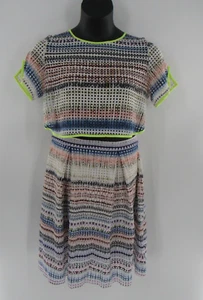 Women's 2Pc Set Crop Mini Skirt White Neon Green Pink Blue Striped Size: Medium - Picture 1 of 5