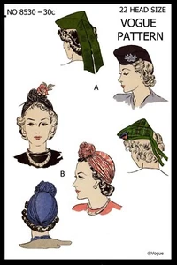 VOGUE 8530 Pattern Millinery Hats TURBAN Toque 1930's 22" Head - Picture 1 of 4