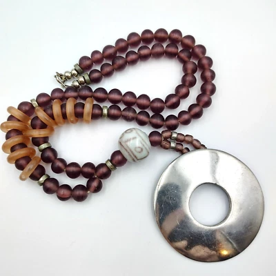 Alexis Kirk Beaded Necklace Frosted Glass Ceramic Silver Tone 1980's Vintage  - Image 1 of 4