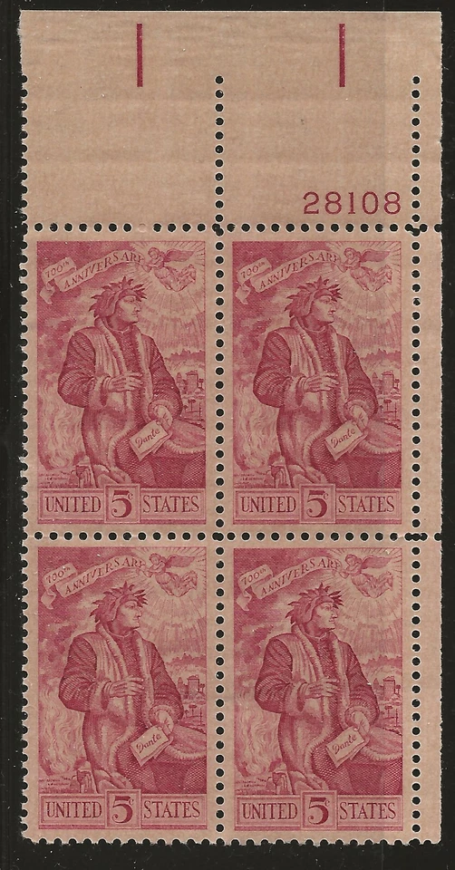 US Scott #1268, Plate Block #28108 1965 Dante 5c FVF MNH Upper Right - Image 1 of 1