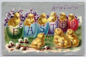 Colored Eggs Spell EASTER~Chick in Each Shell~Pussy Willows~Silver Back TUCK - Picture 1 of 2