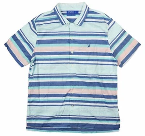 Camicia Nautica blu vela stampa a righe vestibilità classica maniche corte abbottonata nuova con etichette - Foto 1 di 1