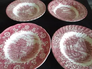 Vintage mismatched 9 inch Rimmed soup bowls Pink & White Country scenes pattern - Picture 1 of 7