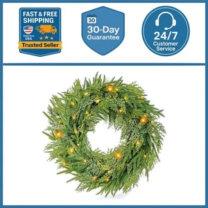 24" Prelit Christmas Wreath with LED Warm White Lights For Front Door Decoration - Picture 1 of 8