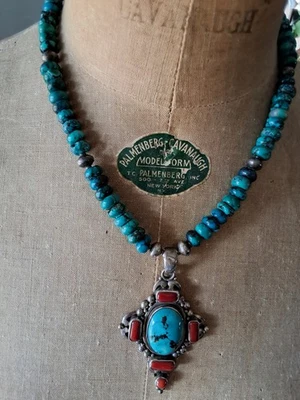 Turquoise Beaded Necklace With Silver Accents With Pendant.  #0018 - Image 1 of 4