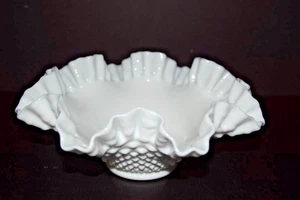 Vintage Fenton White Hobnail Milk Glass 11” Wide 4" Tall Bowl Ruffled & Crimped - Picture 1 of 5