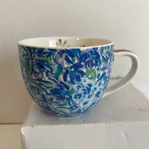 Lilly Pulitzer Coffee Mug Floral Gold Handle Ceramic Blue Purple  Tea Cup Signed - Picture 1 of 4