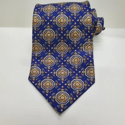 Corbata de seda Harrods para hombre azul dorado patrón floral geométrico hecha en Inglaterra Foto 1 de 3