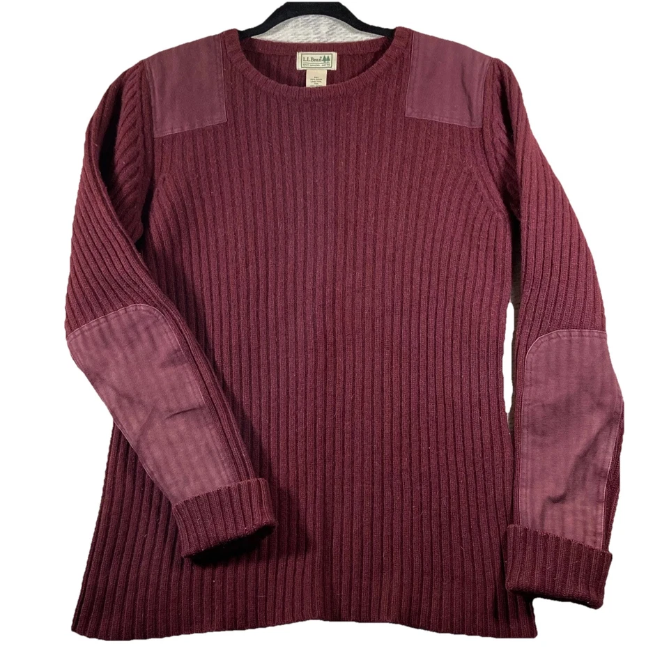 LL BEAN Commando Sweater Size Large Lambs Wool Crew Neck Maroon Pullover  Elbow - Image 1 of 4