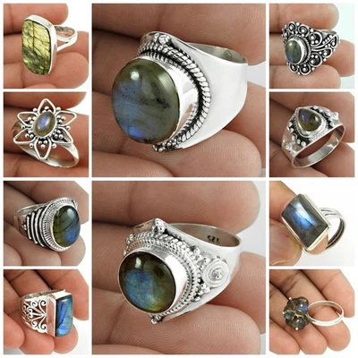 Naturale Pietra Labradorite Argento Sterling Fantastico Anelli Misura 8.5 Donna - Immagine 1 di 4