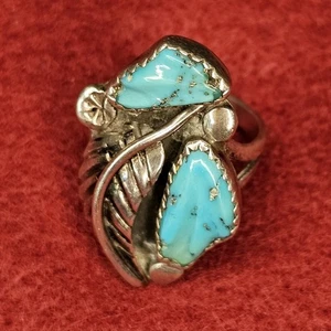 Ben Eustace Cochiti Sterling Silver Turquoise Fetish Leaf Ring vintage Sz 6.75 - Picture 1 of 16