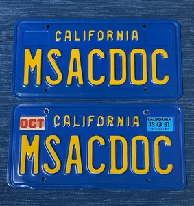 Pair 1981 Blue California License Plate MSACDOC Miss Air Conditioner Doctor HVAC - Picture 1 of 2
