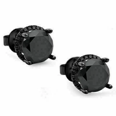 3Ct Round Lab Created Black Diamond Men's/Women's Stud Earrings 14K Black Plated - Image 1 of 4