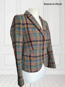 GANT Wool Blazer Jacket Teal Beige Tartan Tweed Check Leather elbows -UK 8 - Picture 1 of 9