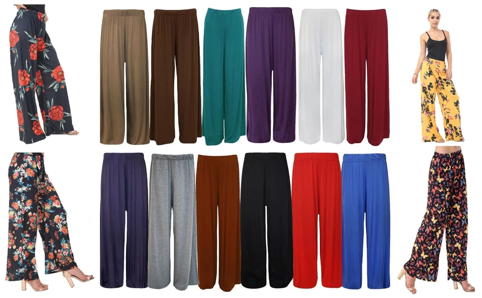 New Plus Size Womens Plain Palazzo Wide Leg Flared Ladies Trousers Pants 8-26 - Image 1 of 1