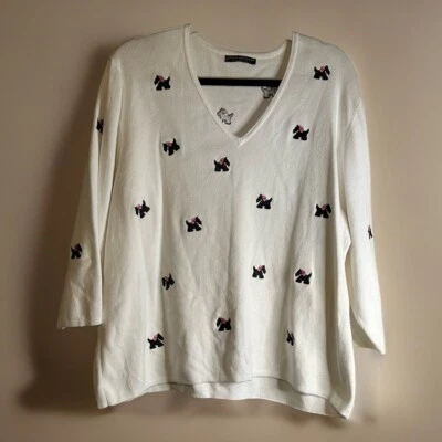 Sarah Spencer Pullover Sweater White Long Sleeve Scottish Dog With Pink Bow - Image 1 of 4