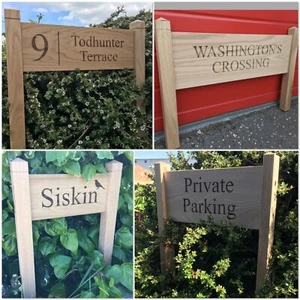 Personalised Oak Post Sign, Carved, Custom Engraved Outdoor Wooden Name Plaque - Bild 1 von 1