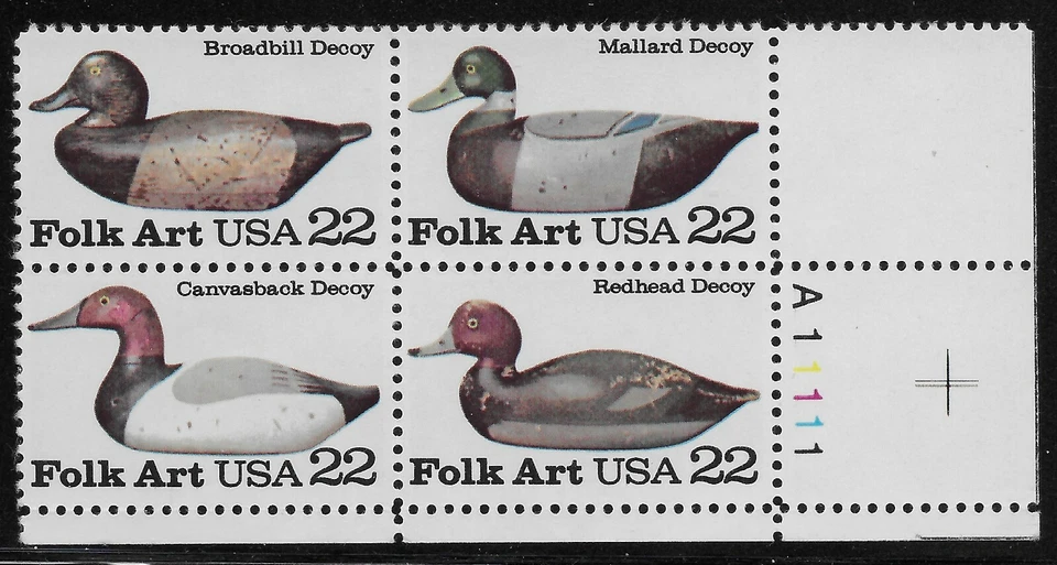 US Scott #2138-41, Plate Block #A11111 1985 Folk Art 22c FVF MNH Lower Right - Image 1 of 1