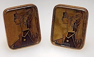 Gemelos grandes vintage en tono dorado de mediados de siglo con imagen abstracta francesa debajo de vidrio - Imagen 1 de 4