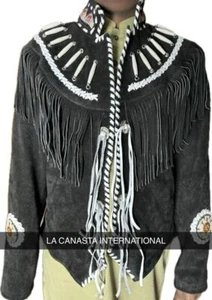 Mens Native Cowboy American Western Jacket Fringes Black Suede Leather Jacket - Picture 1 of 7