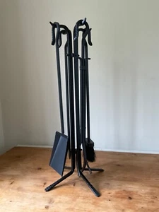 TALL WROUGHT IRON BLACK FIREPLACE SET / COMPANION SET / SHEPHERDS CROOK HANDLES - Picture 1 of 24
