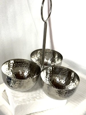 Hammered Steel Metal Condiment Pickle 3 Bowls With Handle NEW Gift - Image 1 of 4
