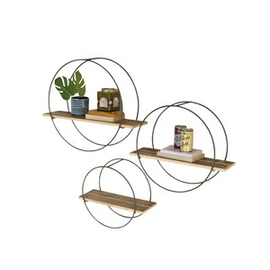 Rustic Round Recycled Wood Metal Frame Wall Shelves Set Three Minimalist Open - Picture 1 of 2