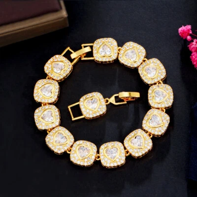 Mujer Grueso Chapado en Oro Corazón Circonita Cúbica Cuadrado Tenis Pulsera Regalo Nupcial Foto 1 de 4