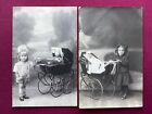 2 Little Girls, Fabulous Clothes, Dolls & Prams Antique Real Photo Postcards