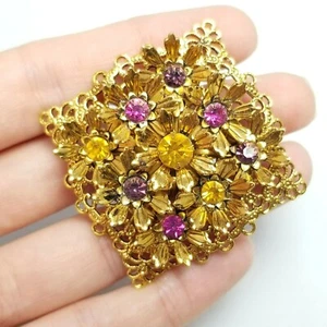 Vintage Pink and Orange Rhinestone Square Shape Brooch, Gold Tone Filigree Pin - Picture 1 of 6