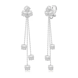 Women Square Zirconia Earrings Crystal Long Drop Dangle Ear Clip On Earrings - Picture 1 of 11