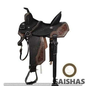 Juego de sillín de cuero Western Premium Barrel Racing mecanizado a mano con tachuela gratuita - Imagen 1 de 4