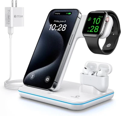 WAITIEE Wireless 3 in 1 15W Fast Charging Station for Apple Devices - WHITE - Image 1 of 4