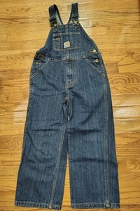 Carhartt Boys Bib Overalls Sz 6 Denim High Back Workwear Sanforized Retro Logo - Picture 1 of 7