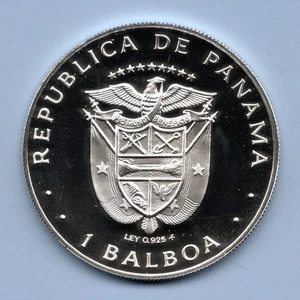 1975 PANAMA PROOF 1 BALBOA COIN. 925 SILVER, 26.73 GRAMS (0.859 OUNCE), 38 mm. - Picture 1 of 2