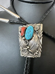 Corbata para Hombres Azul Kingman Turquesa Coral Bolo Plata de Ley Navajo 18168 - Imagen 1 de 12