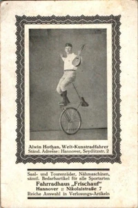 AK FAHRRAD WELT KUNSTRADFAHRER ALWIN HOTHAN HANNOVER UM 1925 - Bild 1 von 2