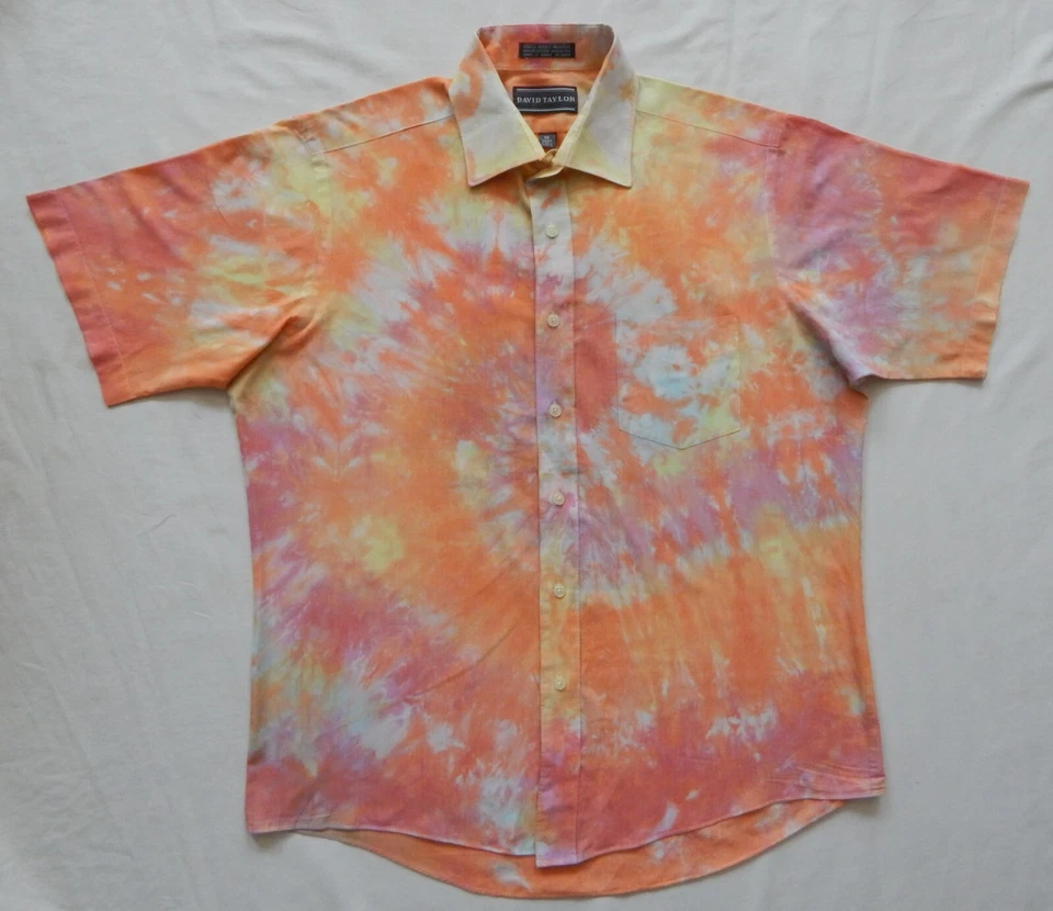 Camisa Tie Dye Rosa Naranja Manga Corta Abotonada - Grande Para Hombre Hecha a Mano 16 Foto 1 de 4