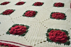 Granny Square Crochet Afghan Blanket Throw 3D Red Rose Cottage Granny Core - Picture 1 of 11