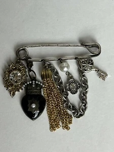 Silver Tone Safety Brooch Pin With Pearl, Key, Chain, Cross, Crystal - Picture 1 of 6