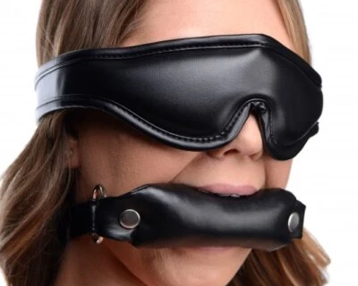 Padded Blindfold and Gag Set Faux Leather Strict Sexy Sub Dom Master Slave Black - Image 1 of 4