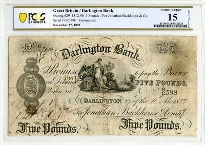 1812-96 Britain £5, Darlington Bank (for Jonathan Backhouse & Co.) - PCGS F 15 - Image 1 of 2