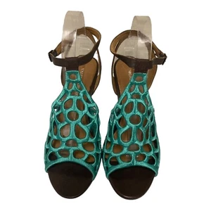 VALERIA GROSSI Sz EU40 AU9 Strappy Sandal Embroidery Open Toe Cuban Hi Heel Teal - Picture 1 of 13