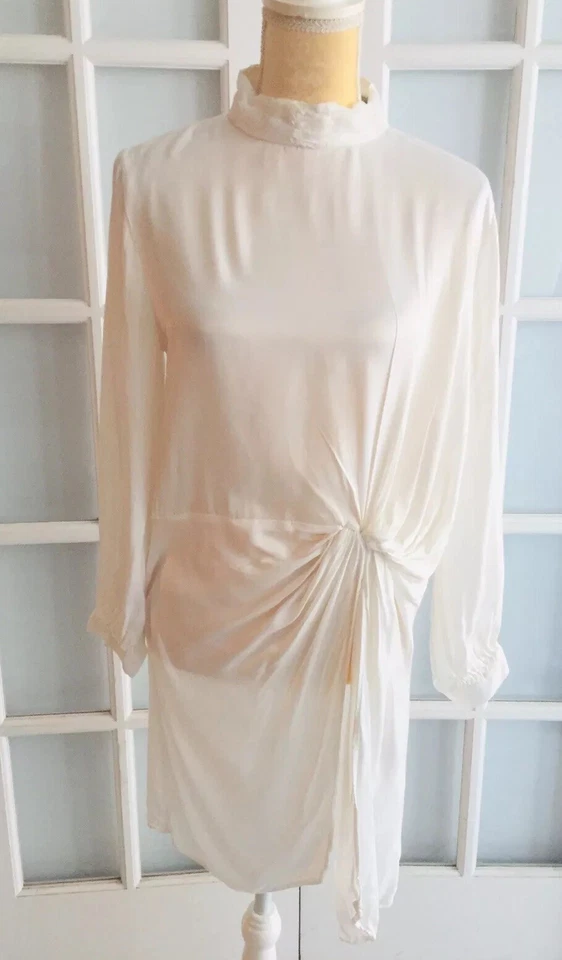Zara White Blouse With Front Knot Satin Effect High Neck Long Size M O1945