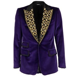 DOLCE & GABBANA Crystals Sequins Embroidery Tuxedo Blazer Purple Black 09758